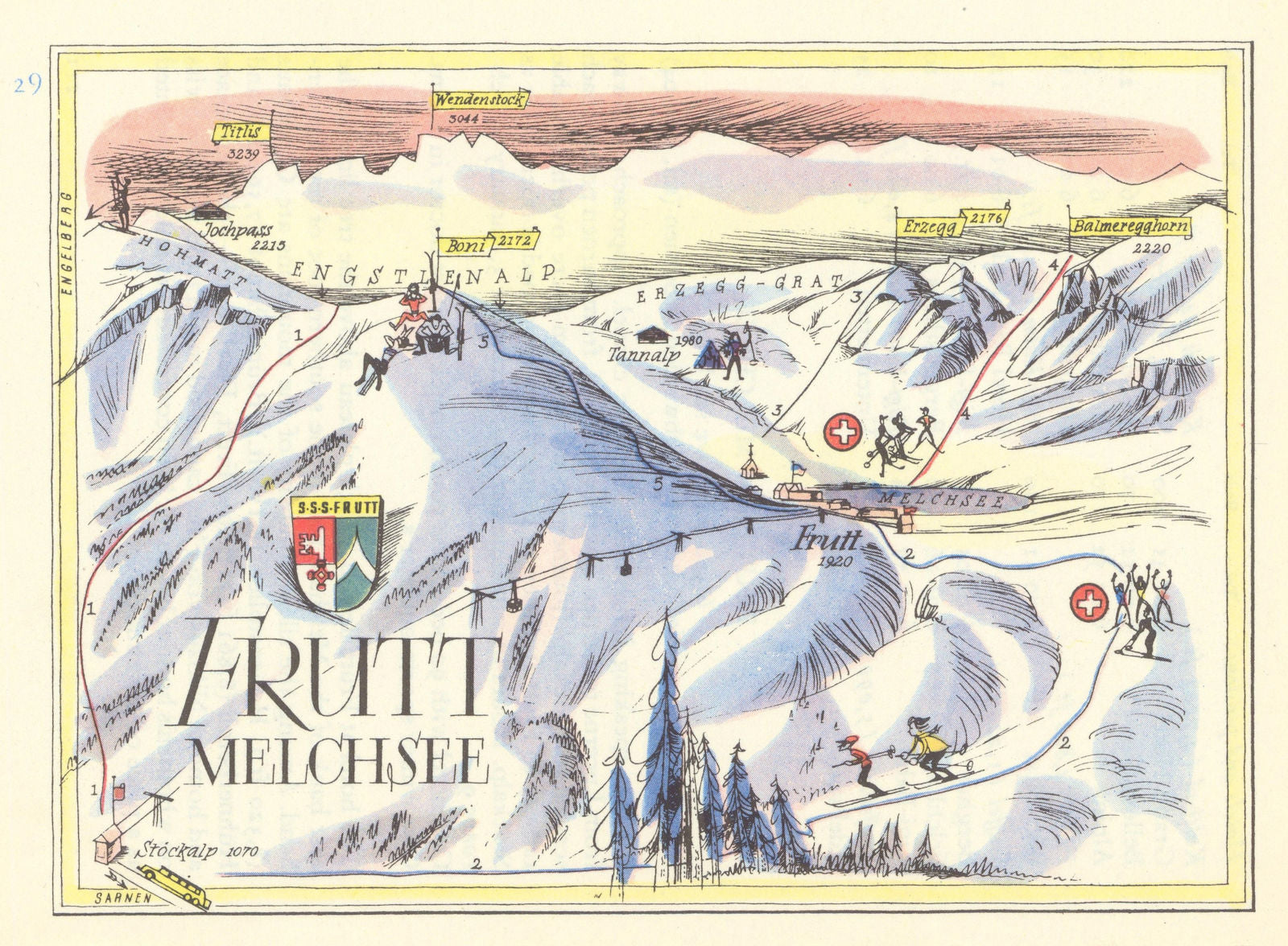 Frutt Melchsee small ski resort piste/trail map by Otto Müller 1949 old